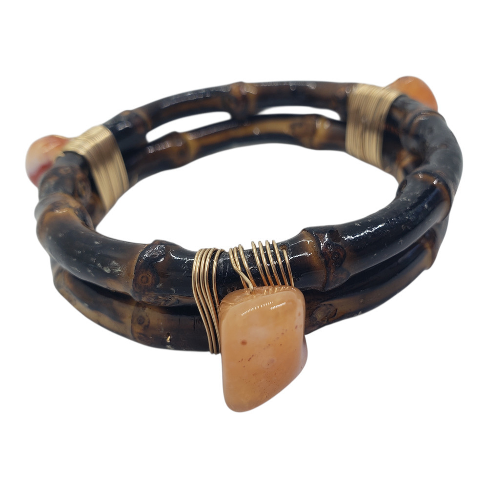 Double Bamboo Bracelet 10k Gold Wire Wrapped Carnelian Agate Quartz Chalcedony